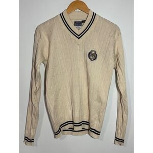 Vintage Yale Bulldogs V-Neck Cable Knit Sweater Cream Navy Striped Mens M Preppy